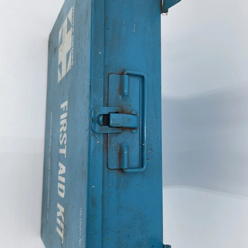 Steel Wall Mount First Aid Kit White Cross Lab Factory Industrial Film Prop Vtg